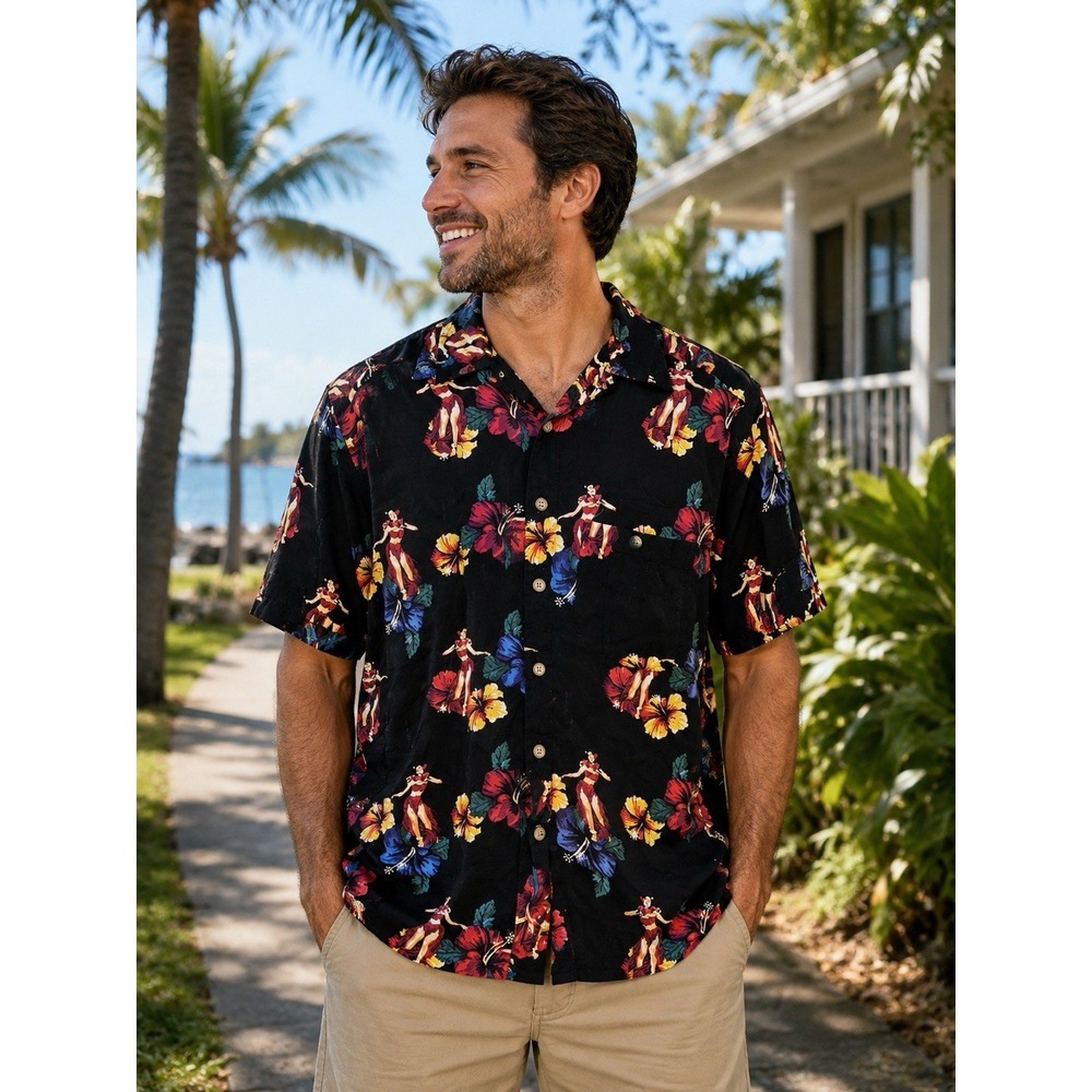 Knightsbridge Hawaiian Shirt Mens Large Black Floral Hula Button Up Retro